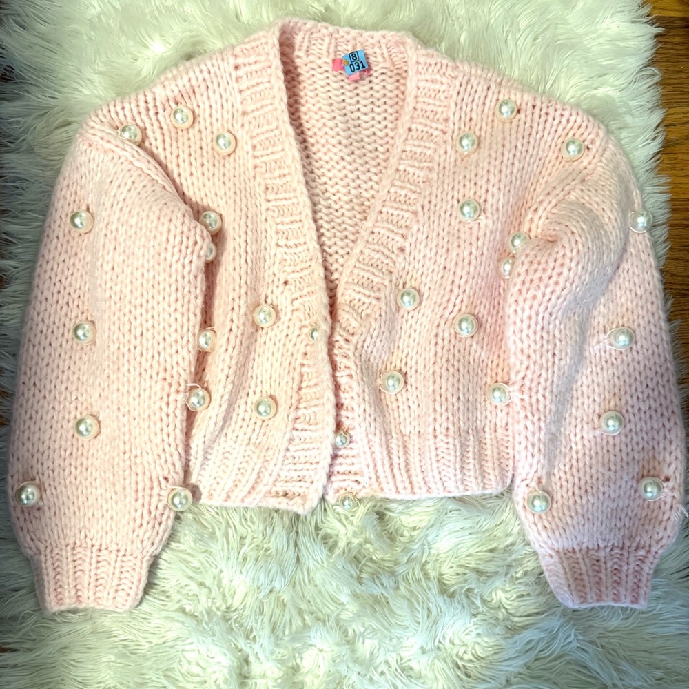 Sugar Thrillz Pink Cropped Cardigan Sweater with Pearls- Size XS/Small